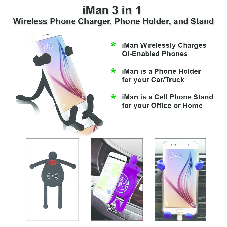 iMan 3 in 1 Wireless Phone Charger, Phone Holder, and Stand - Black 1