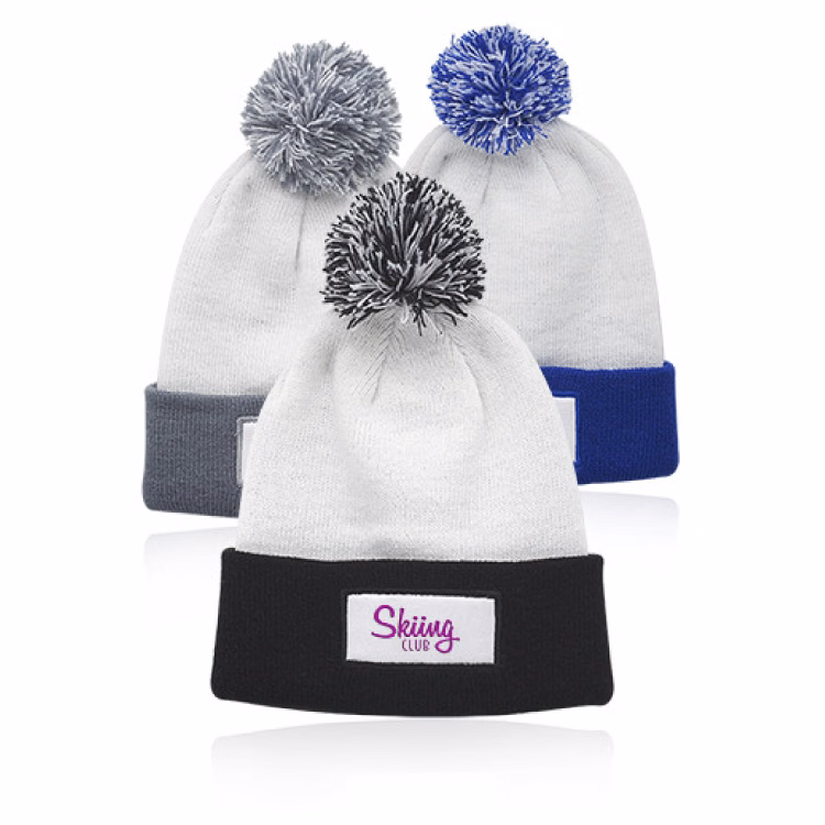 Two-Tone Patch Pompom Beanie Ski Cap