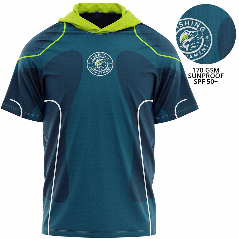 Unisex 170 GSM Sunproof UPF 50+ Sublimation Short Sleeve Hooded Fishing T-Shirt