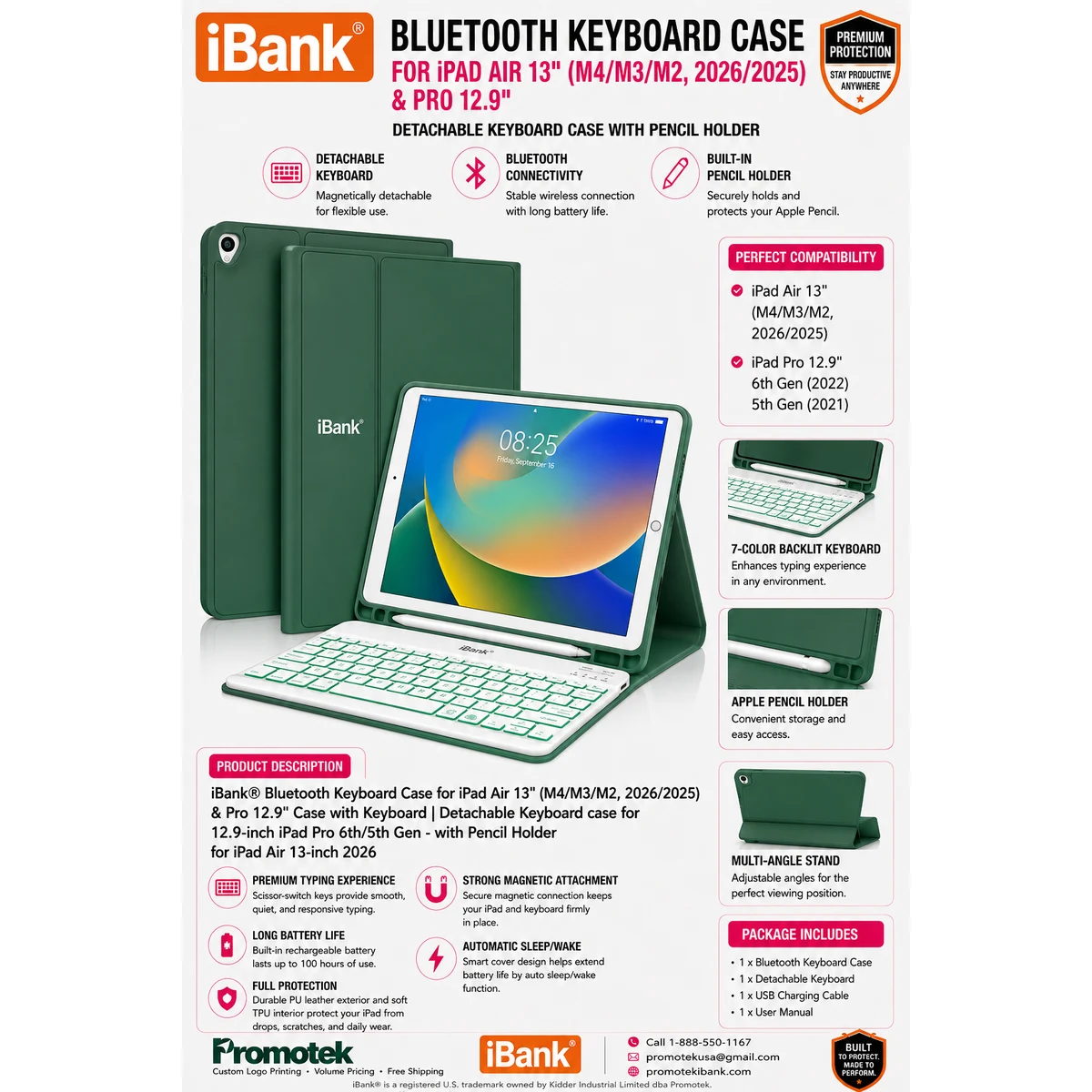 iBank® Detachable Bluetooth Slim Wireless Keyboard and Soft Back Cover iPad Case 1