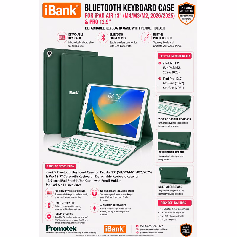 iBank® Detachable Bluetooth Slim Wireless Keyboard and Soft Back Cover iPad Case