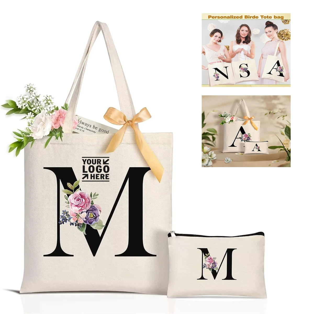 Women Reusable Grocery Monogrammed Gift Personalized Initial Canvas Tote And Makeup Travel Bag 1