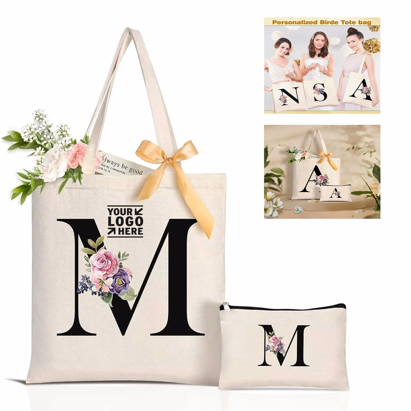 Women Reusable Grocery Monogrammed Gift Personalized Initial Canvas Tote And Makeup Travel Bag