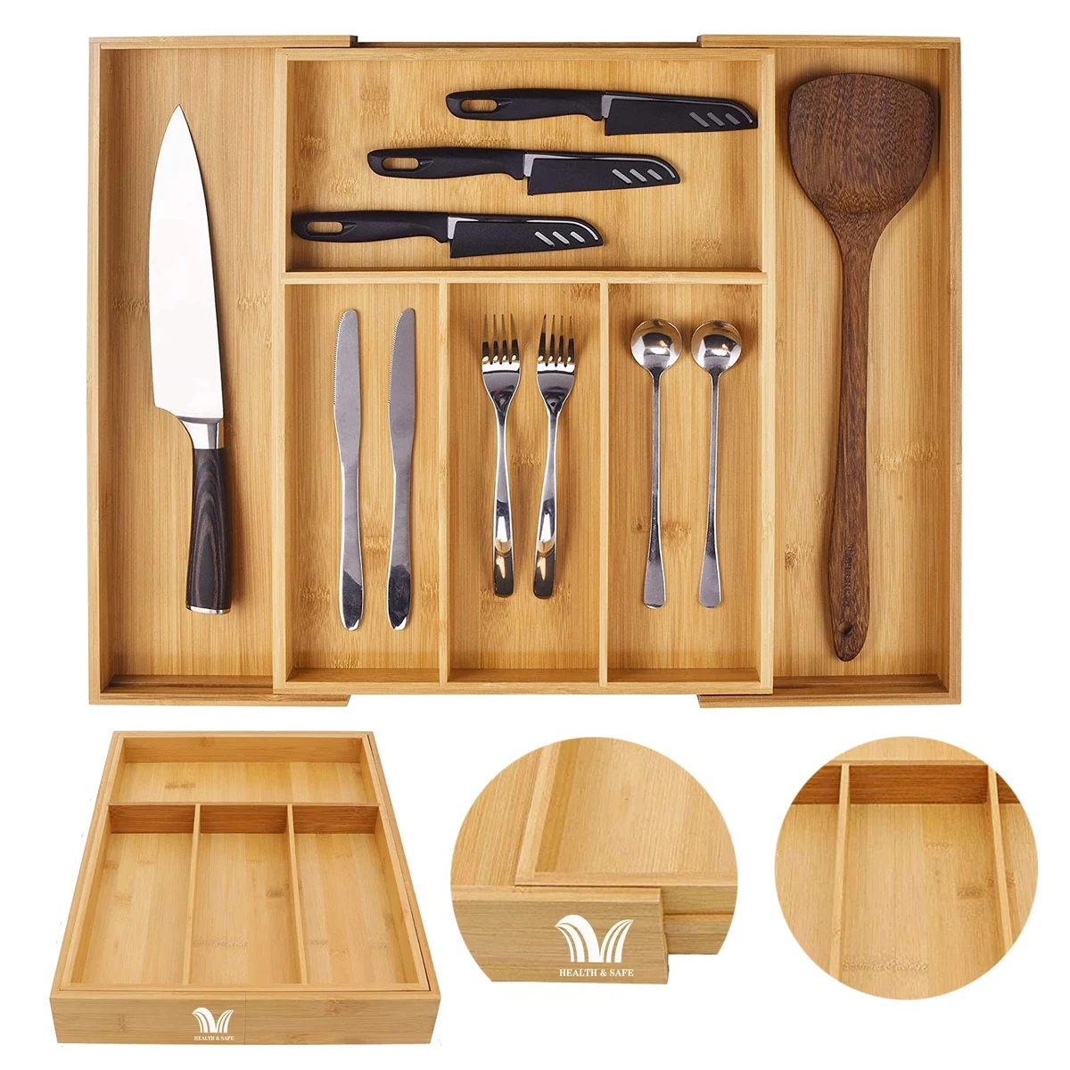 Bamboo Kitchen Silverware Adjustable Drawer Organizer 6Slot 1