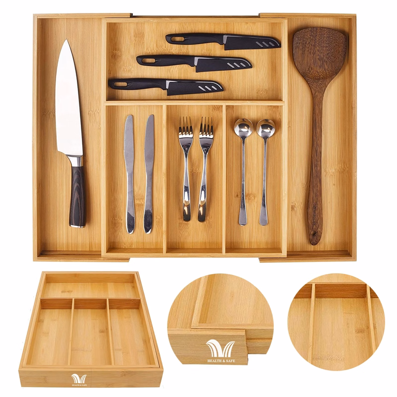 Bamboo Kitchen Silverware Adjustable Drawer Organizer 6Slot