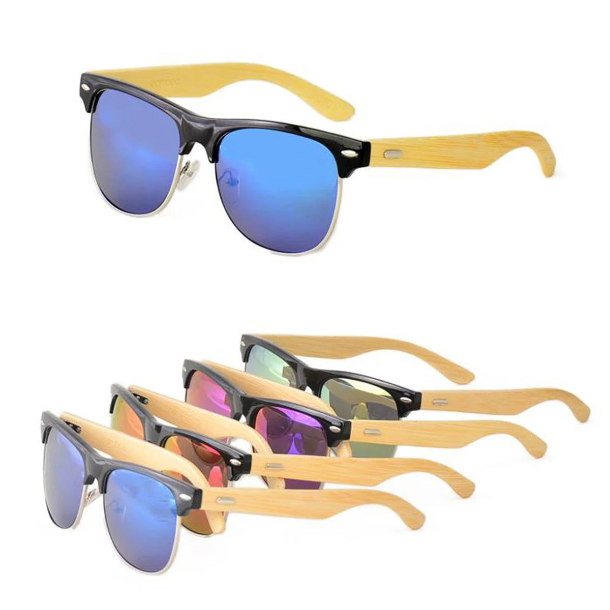 The Club - Unisex Bamboo Sunglasses with Color Mirror Lens 1