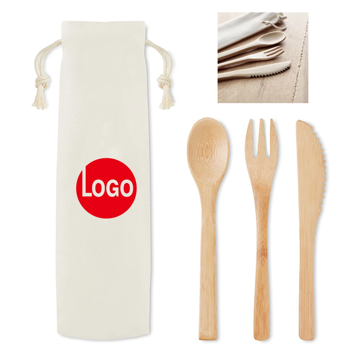 Bamboo Utensil Set with Cotton Drawstring Pouch 1