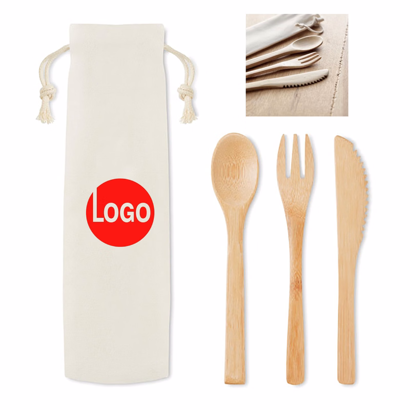 Bamboo Utensil Set with Cotton Drawstring Pouch