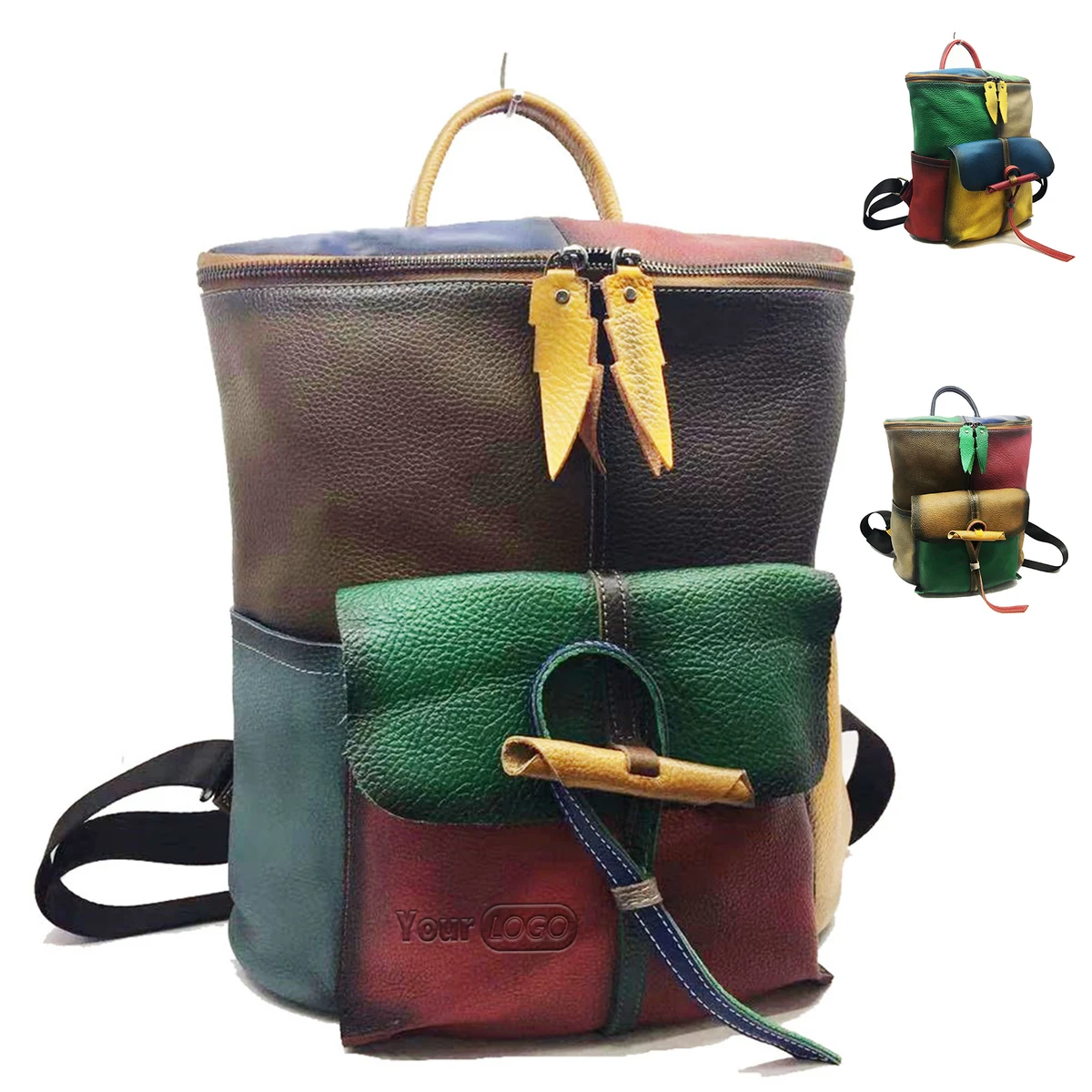 Genuine Leather Vintage contrast backpack 1