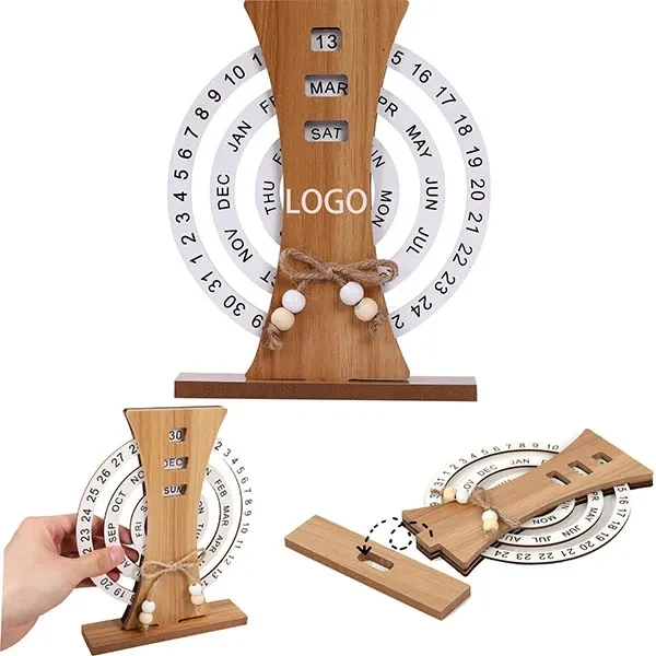 Manual Rotating Wooden Disc Perpetual Desk Calendar 1
