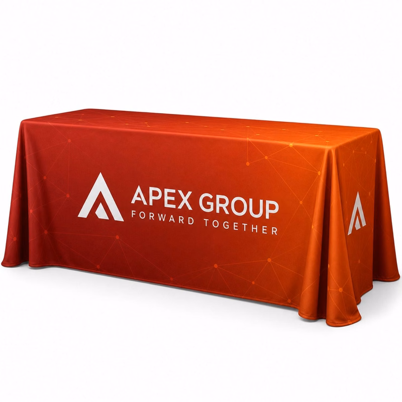 24Hr Express Ship - Sublimated PREMIUM Cloth for 8' table, Drape style, Closed Back, Rounded Corners