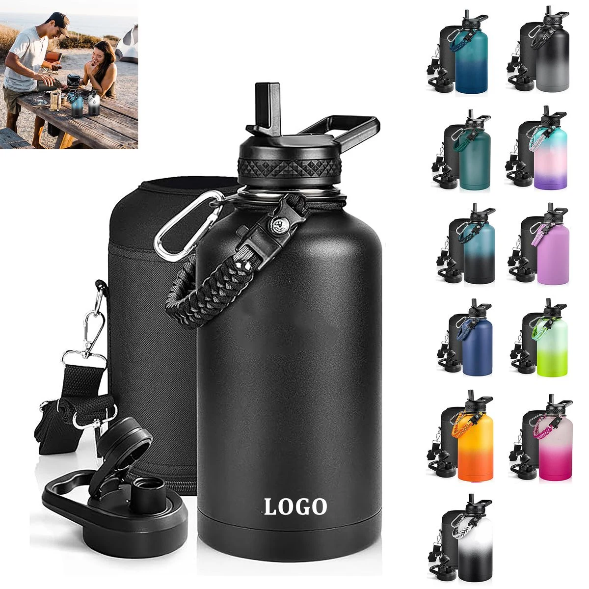 64 Oz Insulated Water Bottle with Paracord Handle and Straw Spout Lid, custom water bottle with logo imprint 1