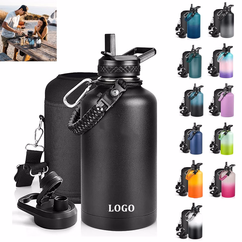 64 Oz Insulated Water Bottle with Paracord Handle and Straw Spout Lid