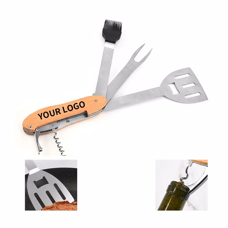 Compact BBQ Tool with Spatula Fork Opener and Brush