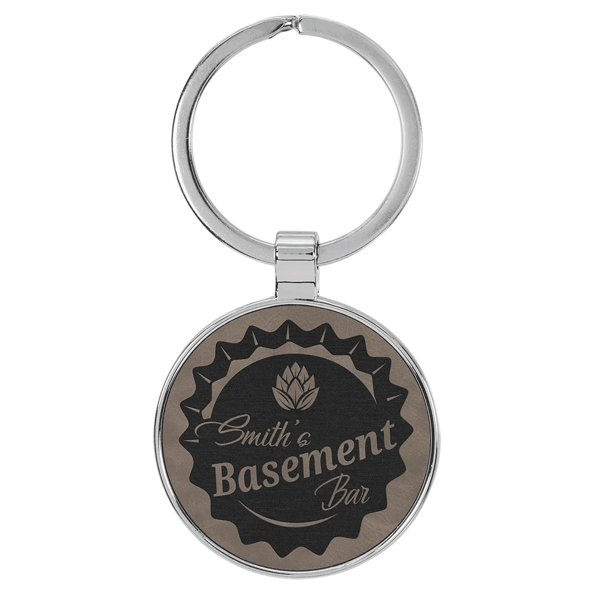 Gray Leatherette/Metal Round Keychain 1
