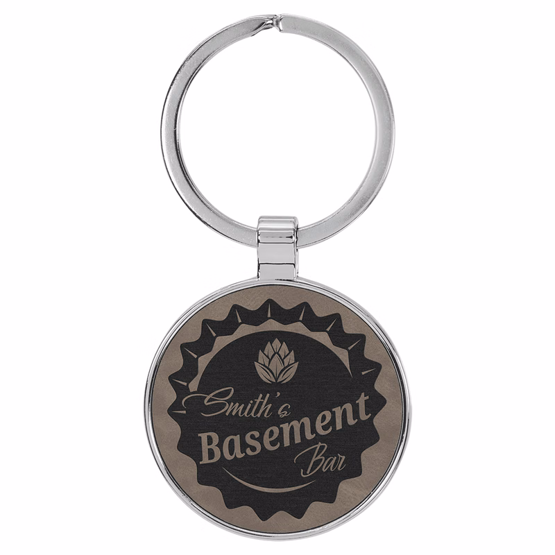 Gray Leatherette/Metal Round Keychain