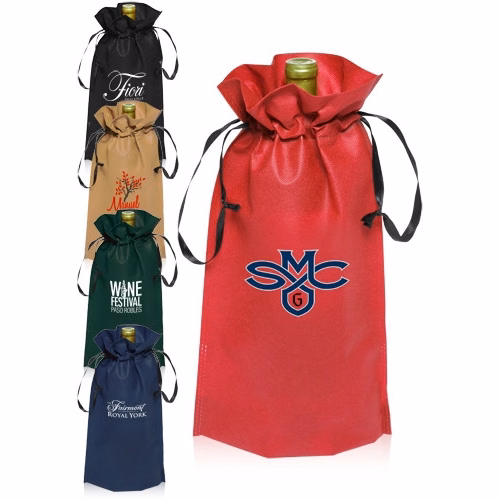Ribbon Drawstring Wine Bags - 8"W x 15"H
