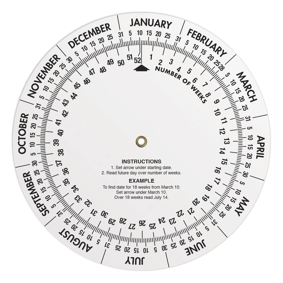 .020 White Plastic Date Finder Wheel Calculator (6" dia.), Full Colour 1