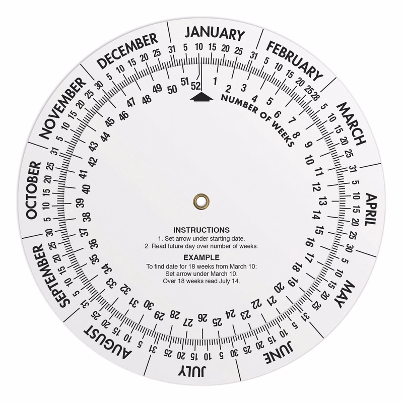 .020 White Plastic Date Finder Wheel Calculator (6" dia.), Full Colour