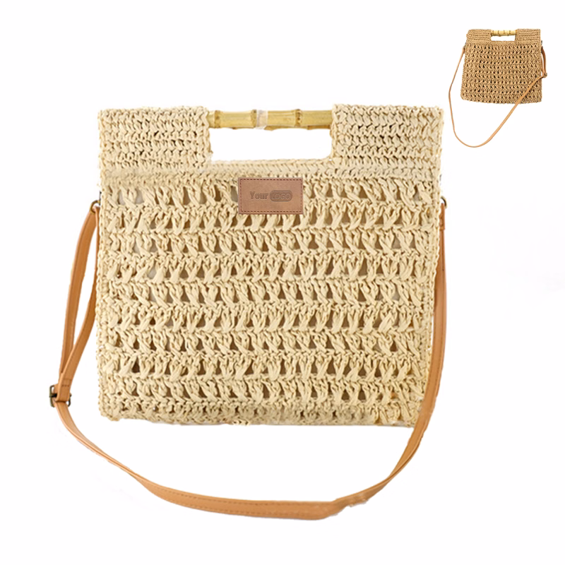 Jute Straw Beach Bamboo Top Handle Handbag Crossbody Purse