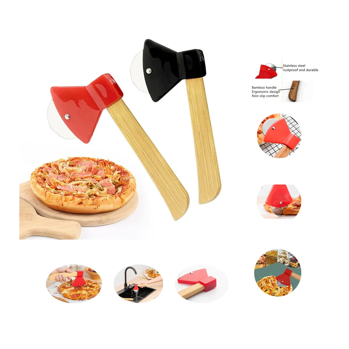 Axe-Type Pizza Cutters With Bamboo Handles 1
