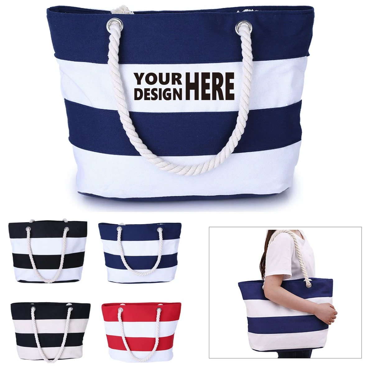 Canvas Tote Bag with Striped Pattern, custom tote bag with logo imprint 1