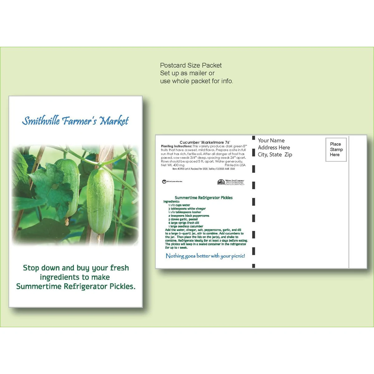 Cucumber Seed Packet - Postcard Mailer Size 4" x 6.5" 1