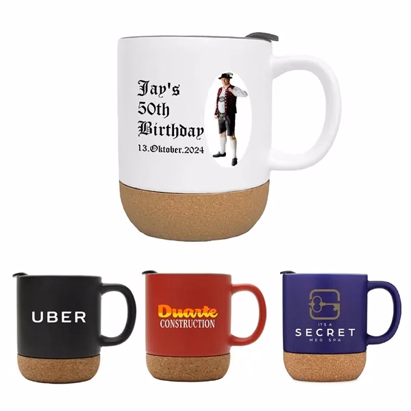 Custom 12 oz Ceramic Coffee Mug with Cork Base & Splash-Proof Lid — Office Desk