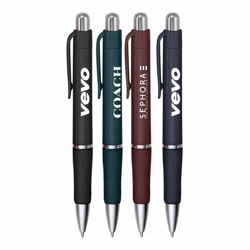 Union Printed - Rigid - Solid Colored Ballpoint Click Pen with Matching Rubber Grip