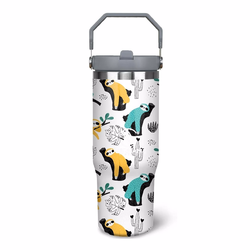 30oz Sloth Tumbler with Handle and Straw, Stainless Steel Insulated Sloth Cup with Top Handle
