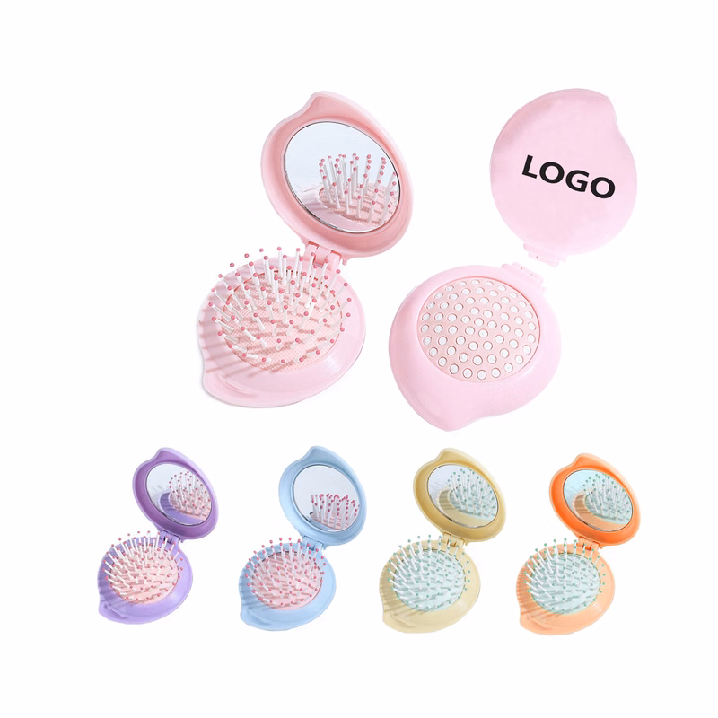 Peach Shape Folding Hair Brush With Mirror