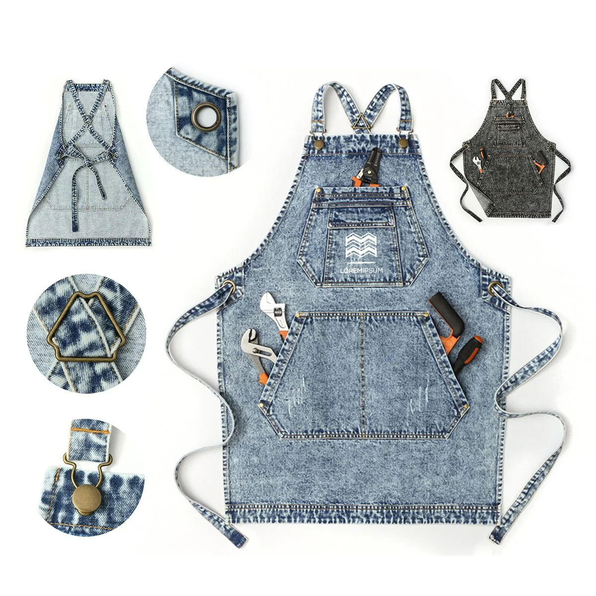 Washed Denim Work Aprons With Pockets 1