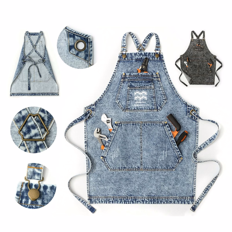 Washed Denim Work Aprons With Pockets