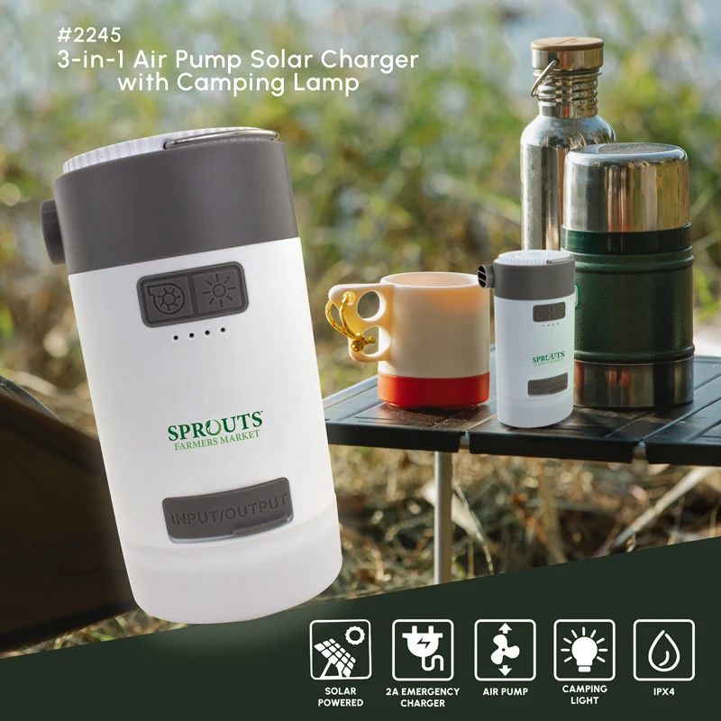 3-in-1 Air Pump Solar Charger with Camping Lamp 1