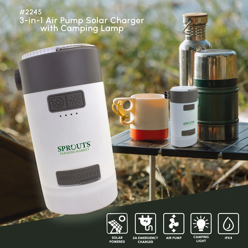3-in-1 Air Pump Solar Charger with Camping Lamp