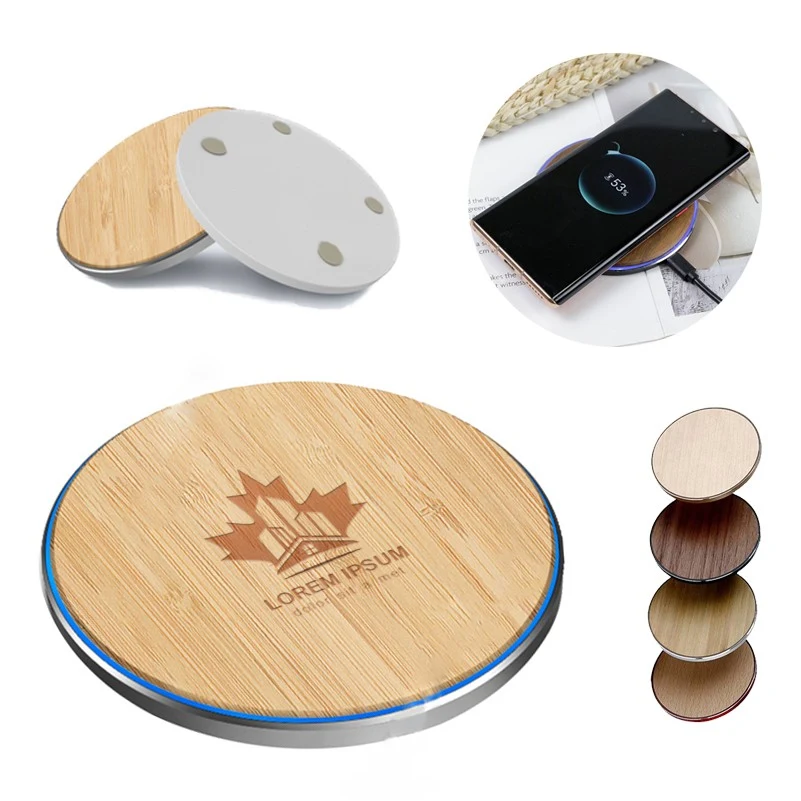 Wood 15W Custom Logo Available Fast Wireless Charger with LED Ring 1