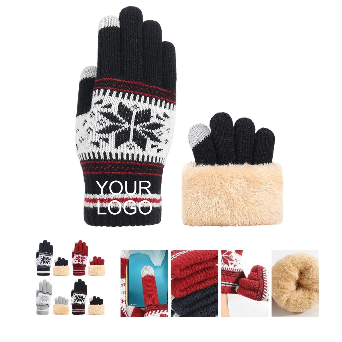 Custom Touchscreen Gloves with Snowflake Print and Logo Imprint 1