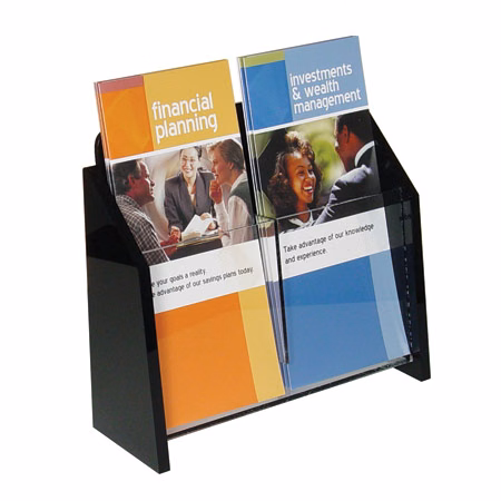 Wall Mount Brochure Holder, Clear w/Black Ends, 1-tier, 2 pockets