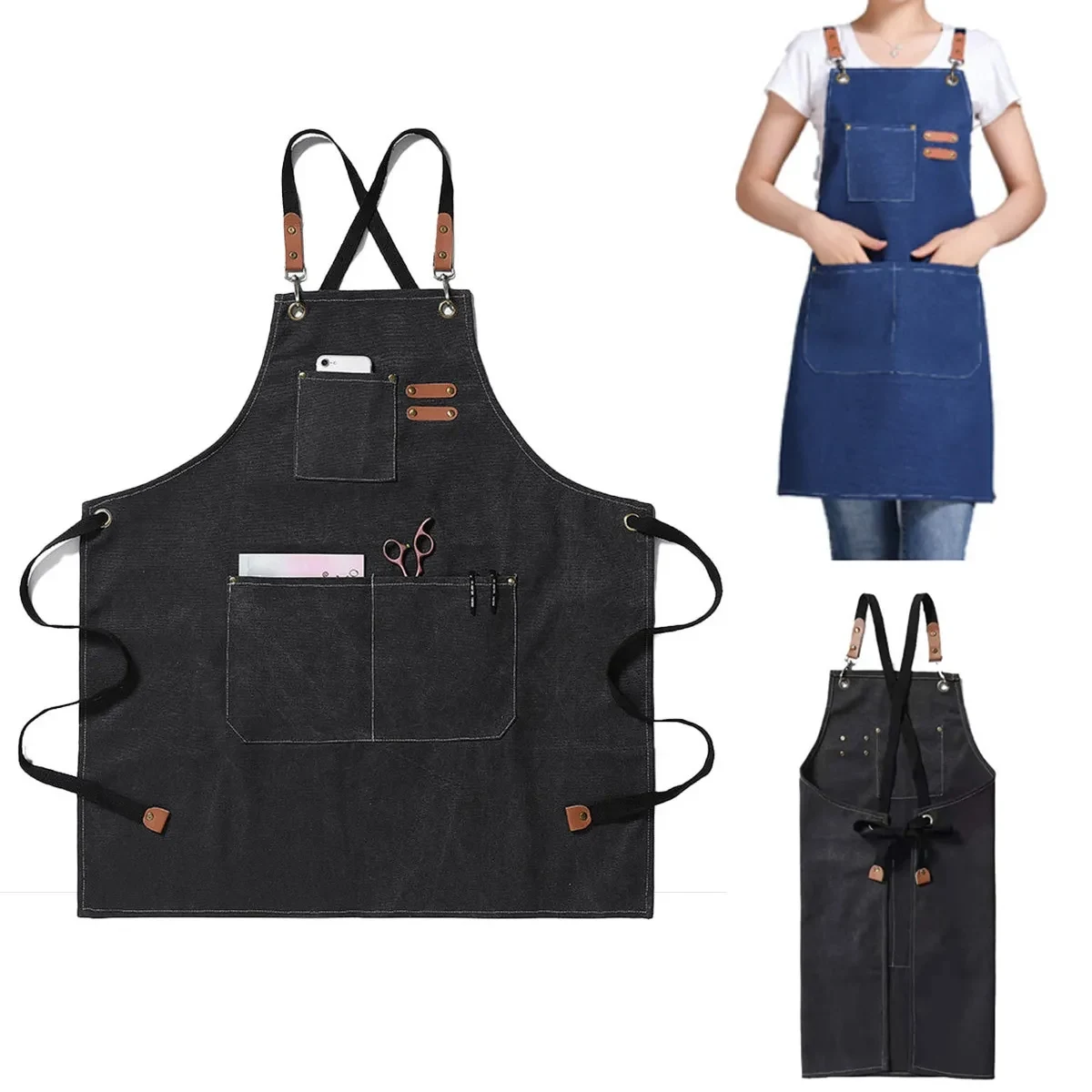Denim Aprons with Cross Back Adjustable Straps 1