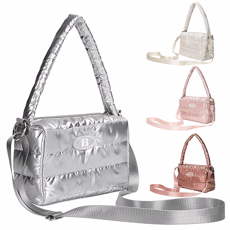 Zipper Top Cotton Quilted Puffer Crossbody Tote Bag