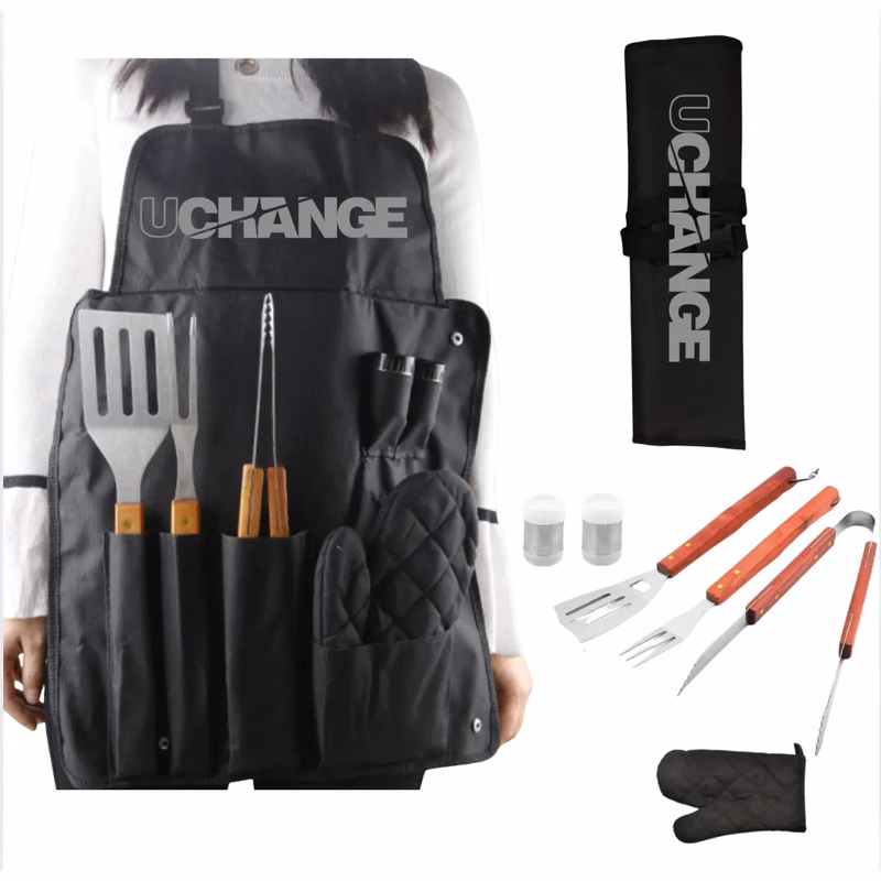 6-Piece BBQ Tool Apron Set with Wood Handles