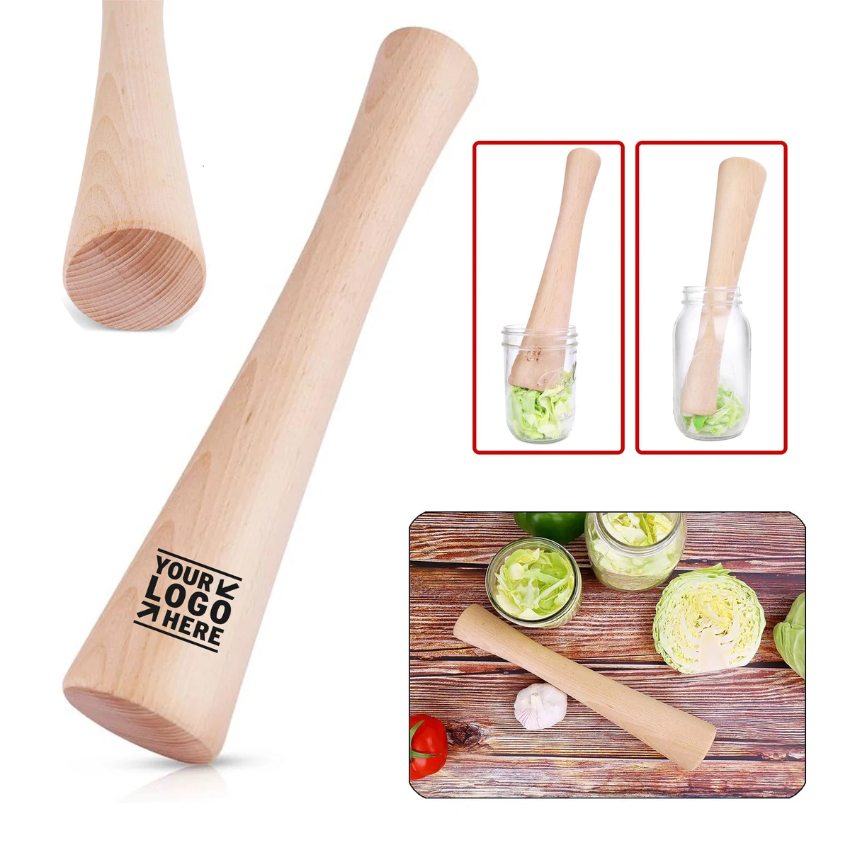 One Piece Solid Wood 12" Sauerkraut Pounder for Mason Jars Vegetable Fermentation 1