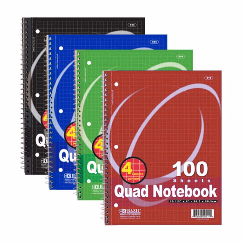 Quad Ruled Spiral Notebooks - 100 Sheets 4 Colors