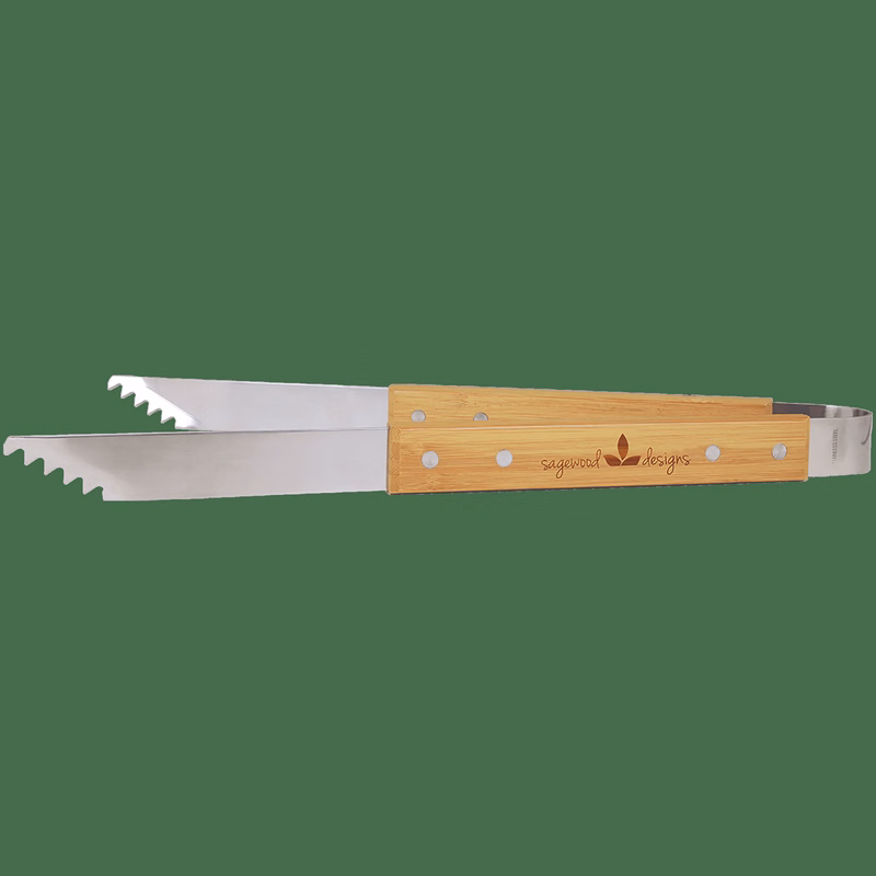 14" Bamboo/Silver Barbeque Tongs
