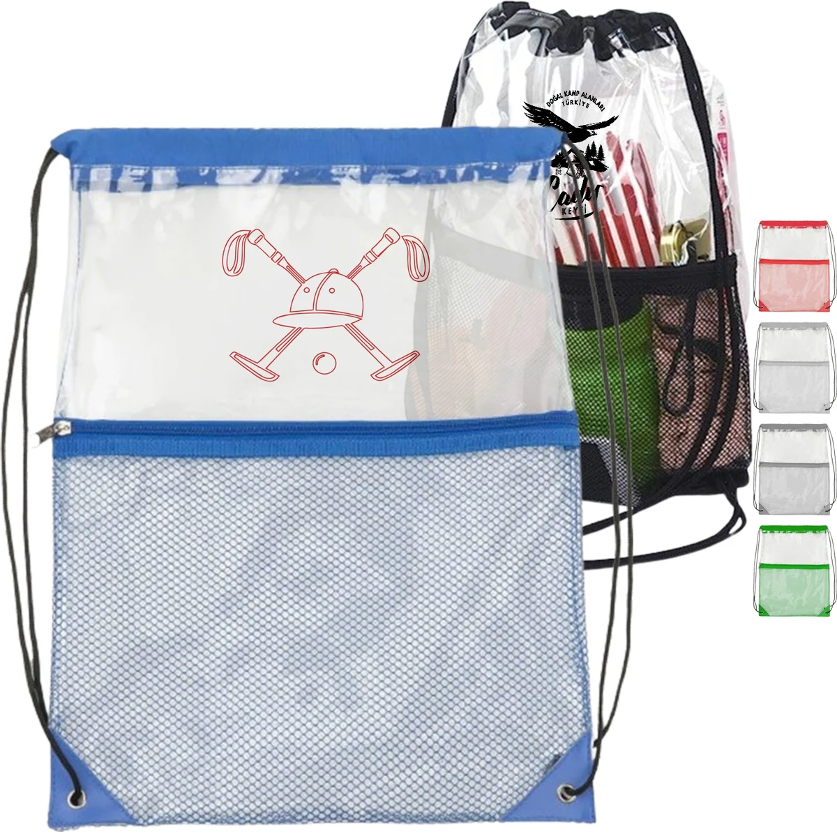 Cinch Sacks Backpack Clear PVC Drawstring Bag with Front Zipper Mesh Pocket 1