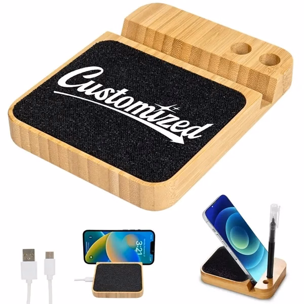 Custom Bamboo Wireless Charger Stand with Pen Holders — Desktop Organization and Charging