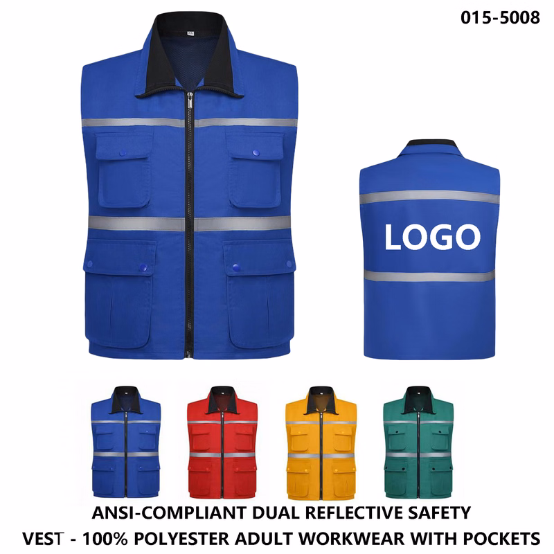 Adult Work Vest ?C Dual Reflective Strips & Four Pockets, Logo Custom