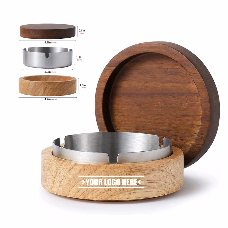 Wooden Ashtray With Lid For Smokers Stainless Steel Liner