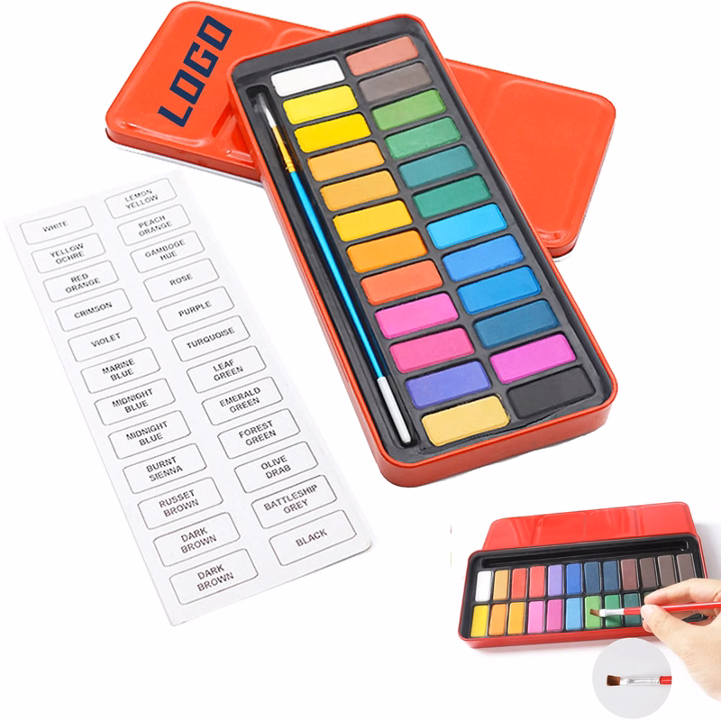 Metal Box 24 Colors Solid Watercolor Paint Set