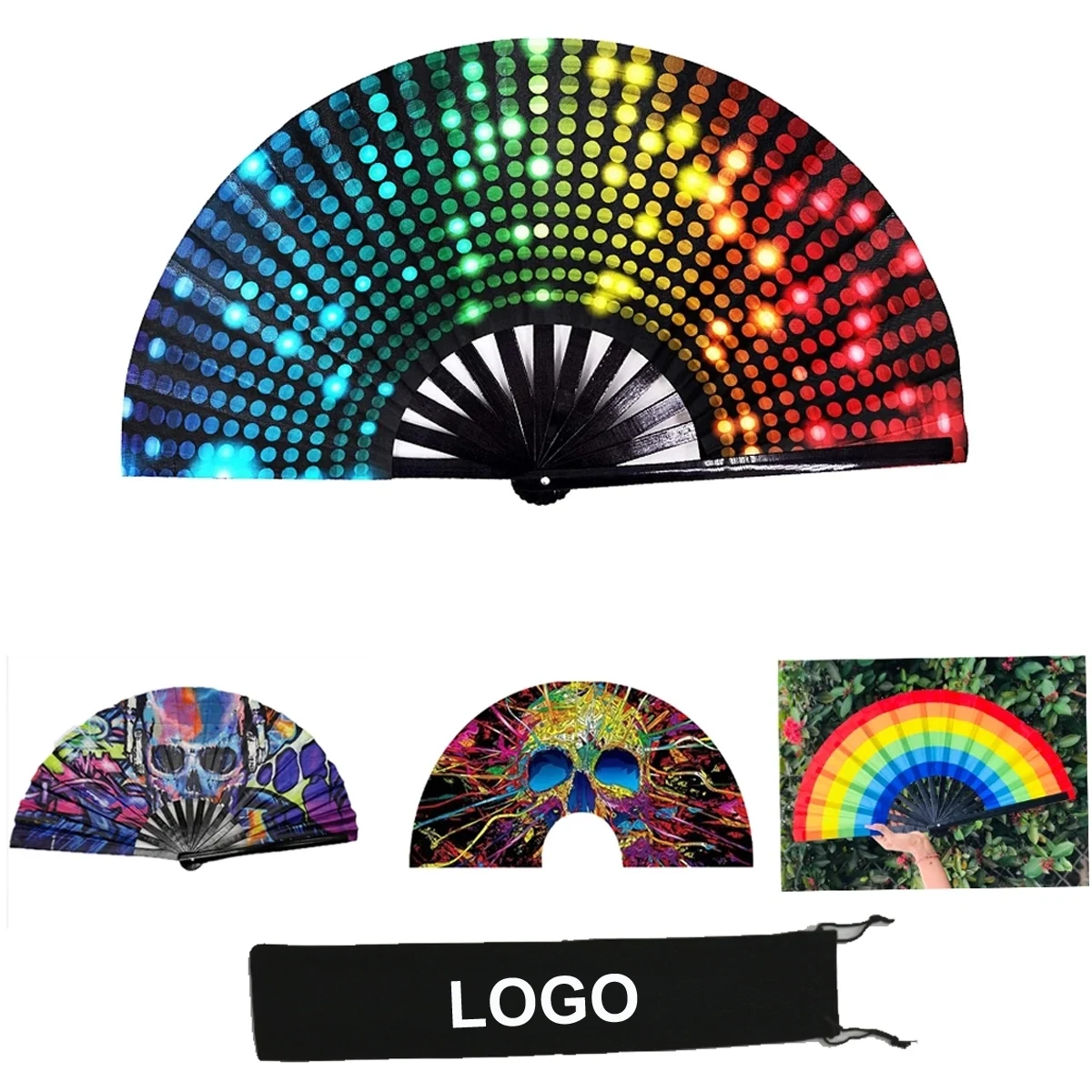 Large Bamboo And Nylon Cloth Folding Hand Rave Fan 1